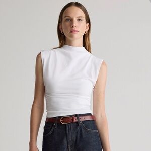 Quince Stretch Cotton Jersey Sleeveless Mock Neck Top, White, Size XL